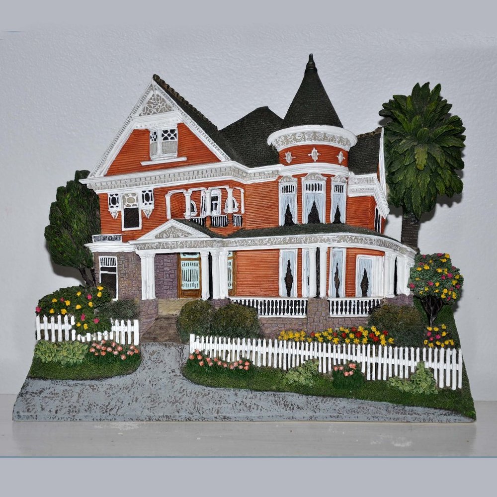 Victorian Queen Anne Style Redwood Stone With White Trim Mansion Wall Hanging